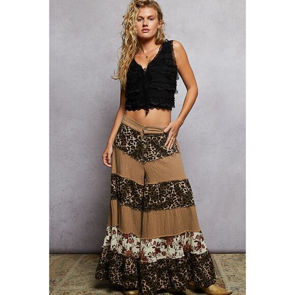 POL Pants - Pol Double Gauze Animal Print Patch work Wide Leg Pants